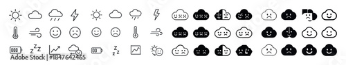Weather and emotion icons: sun, clouds, storms, emotions, batter