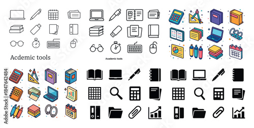 Diverse academic tools collection featuring stationery and gadge