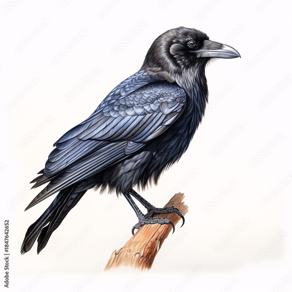 Obraz premium Detailed raven perches on a weathered branch in watercolor style