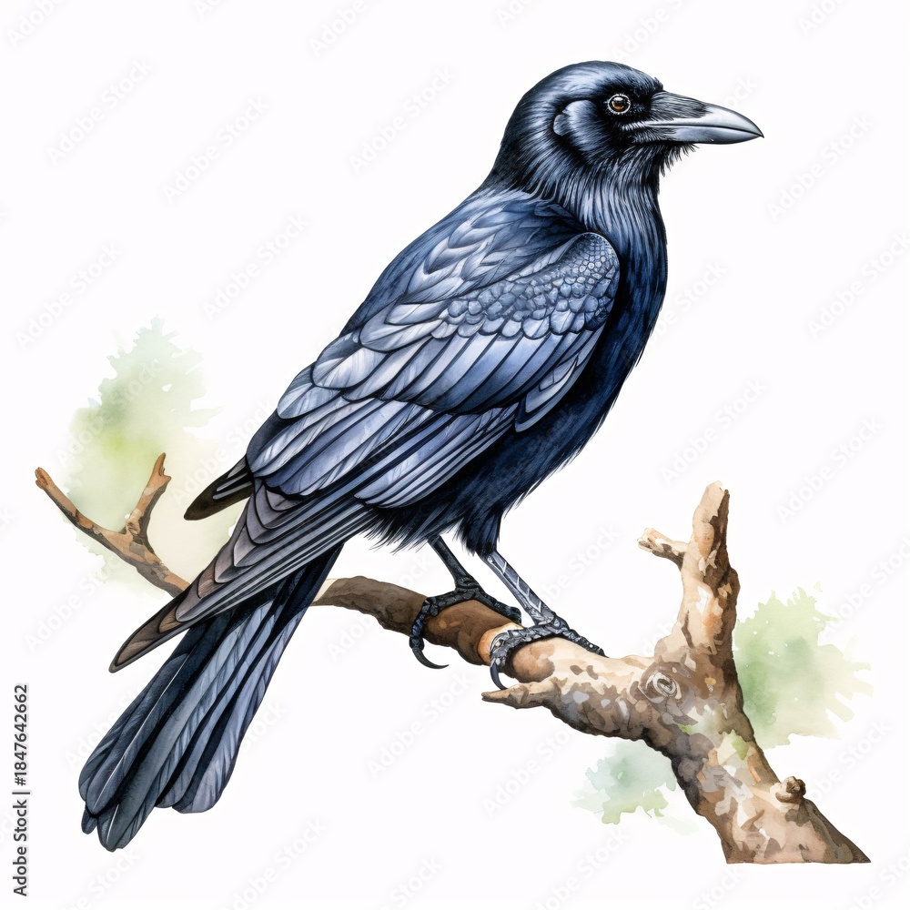 Obraz premium Watercolor illustration of a raven perched on a branch in side profile