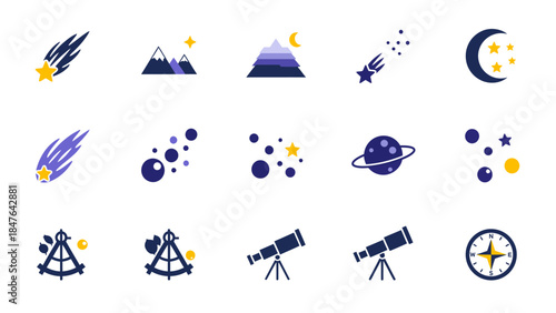 A collection of stylized icons representing celestial bodies, astronomical instruments, and natural phenomena related to space and the night sky.