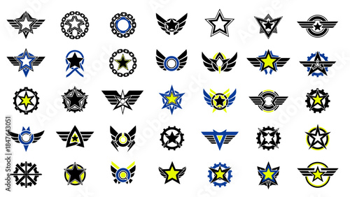 Collection of Diverse Military-Inspired Emblems and Badges Featuring Stars, Wings, and Gears.