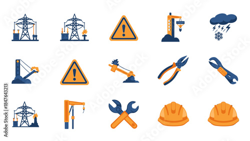 A collection of construction and industrial icons, including power lines, cranes, tools, safety warnings, and weather symbols.