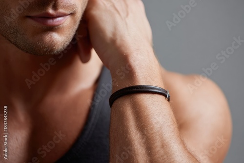 A close-up of a Caucasian man's forearm wearing a sleek leather bracelet, skin fair and smooth