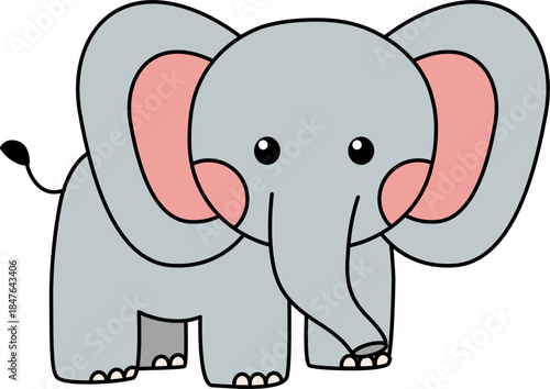 Cartoon vector of a cute baby elephant with big ears and a happy expression. Adorable wild life elephant. 