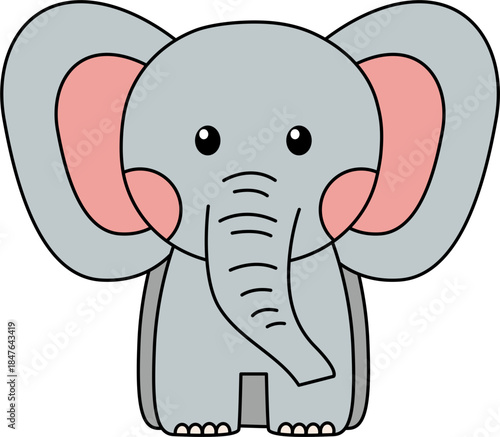 Cartoon vector of a cute baby elephant with big ears and a happy expression. Adorable wild life elephant. 