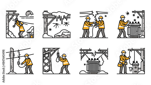 Illustrations depicting electricians working on power lines and transformers in various weather conditions and scenarios.