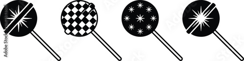 Set of black lollipop icons with star and checkered patterns, sweet candy treats on sticks, flat minimalist food symbols for party design