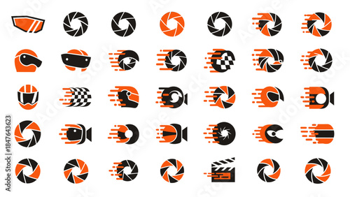 A collection of 35 orange and black icons representing speed, motion, and creative elements like cameras and film clappers.