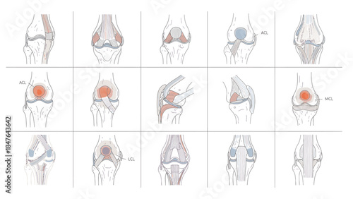Anatomical illustrations showcasing various aspects of the human knee joint, including bone structure, cartilage, and potential areas of injury or degeneration.