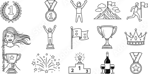 Achievement, Success, and Celebration Doodle Icons, Victory, Winner, Trophy, Medal, Laurel Wreath, Fireworks, Pedestal, Hand Drawn Sketch Vector Set.