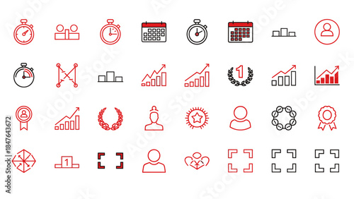 A collection of business and achievement-related icons, including stopwatches, graphs, awards, and people.