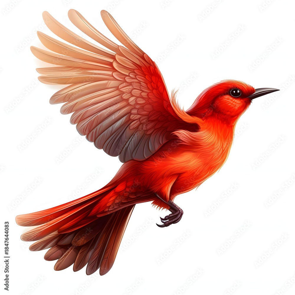 Fototapeta premium Vivid vermilion flycatcher takes flight against a pristine white backdrop in digital painting style