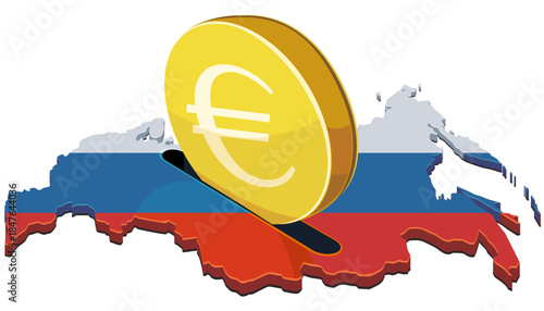 A large gold euro coin being inserted into a slot on a map of Russia, painted with the national flag. Concept for investment, economy, or financial savings in Russia. (cut out)