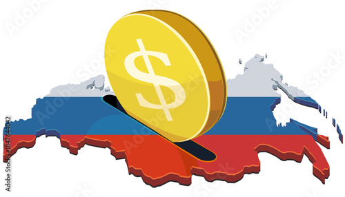 A large gold dollar coin being inserted into a slot on a map of Russia, painted with the national flag. Concept for investment, economy, or financial savings in Russia. (cut out)