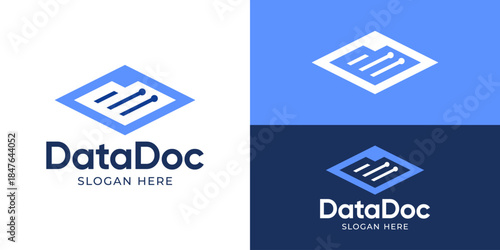 Creative simple data document logo template. Page paperwork with tech symbol logo design vector illustration.