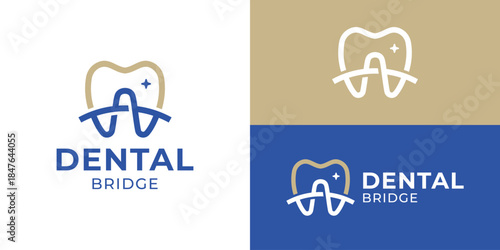 Creative simple dental bridge logo template. Teeth with bridge logo design vector illustration.