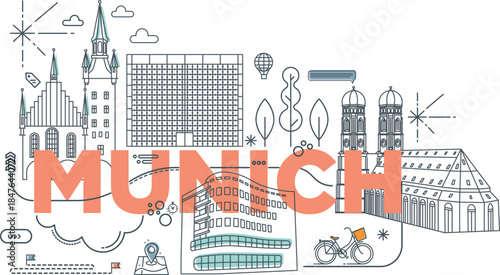 Typography word “Munich” branding technology concept. Collection of flat vector web icons. Culture travel set, Memphis famous architectures, specialties detailed silhouette. German famous landmark