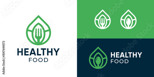 Creative simple healthy food logo template. Water drop shape with leaves fork spoon for green food logo template.