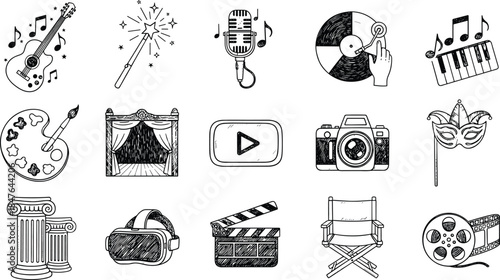 Art, Music, and Entertainment Hand-Drawn Doodle Icons Set, Creativity, Performance, Cinema, and Fine Arts Outline Symbols Vector Collection
