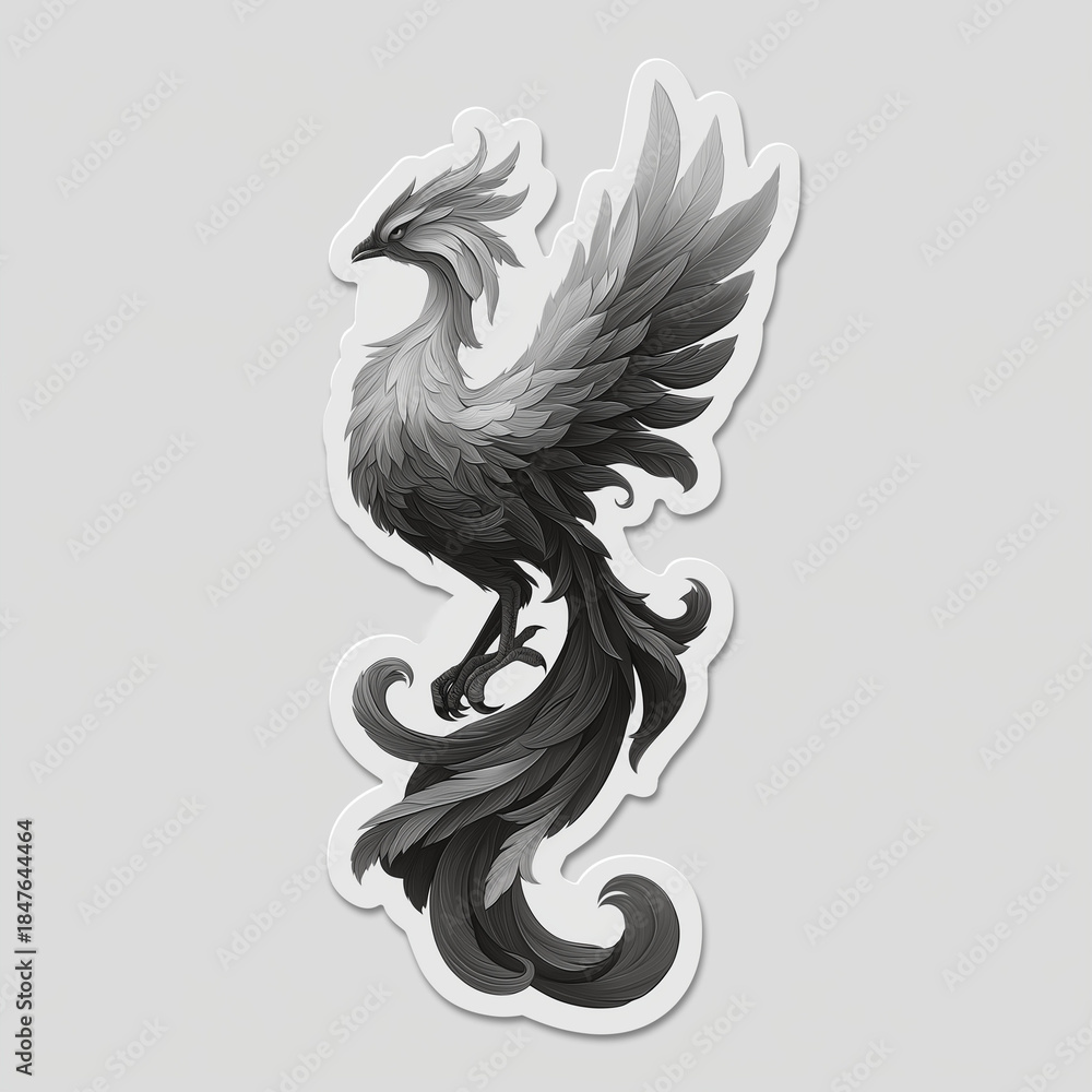 Obraz premium a sticker of an elegant phoenix design, vector art, white background, black and gray color palette, fantasy-inspired artwork, white border on all sides, die-cut sticker with no busy edge