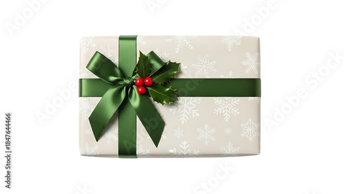 Wrapped gift with green ribbon and holly present christmas