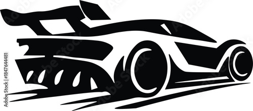 Black silhouette of a modern sports car with large spoiler and exhaust flamesBlack silhouette of a modern sports car with large spoiler and exhaust flames