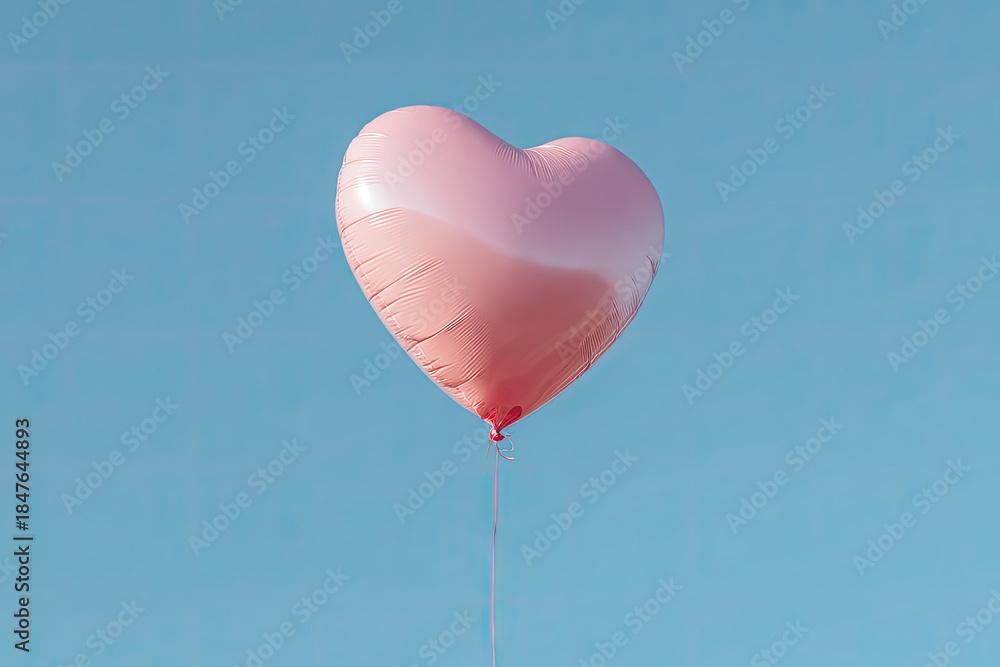 Fototapeta premium Pink heart shaped balloon floats against light blue backdrop 