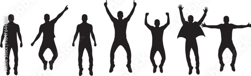 Silhouettes of people jumping and posing with arms raised