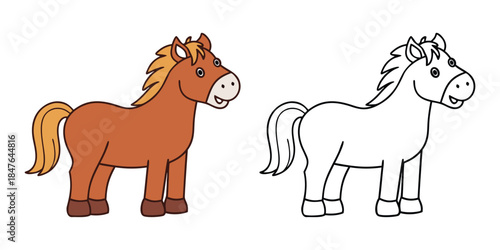 Cute cartoon brown horse illustration and outline for coloring book, isolated on white background
