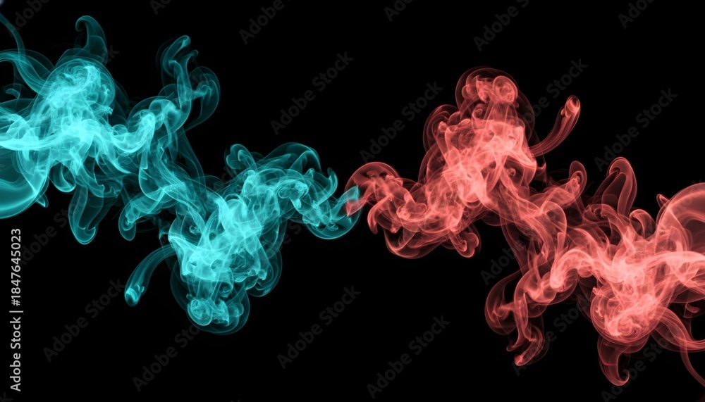 Fototapeta premium Vibrant blue and red smoke tendrils swirl and dance against a dark background