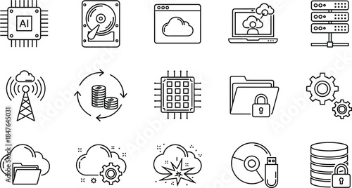 AI Chip, Hardware, Cloud Computing, Servers, and Digital Security Symbols.