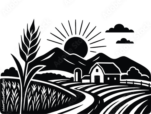 wheat ear in front of a farm at sunrise.