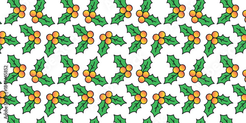 A seamless festive pattern of holly leaves with red berries, perfect for holiday decorations and designs