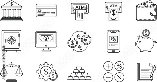 Banking, Finance, and Money Management Line Icons, ATM, Piggy Bank, Credit Card, Gold Bars, Currency Exchange, Secure Transactions, Outline Vector Set.