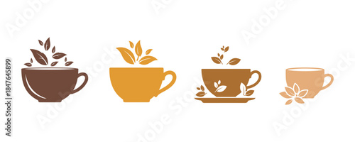 Teacup featuring leaves along with a colorful icon set. A concept centered around herbal natural tea. Organic matcha tea for wellness and relaxation. Editable stroke. Isolated vector illustration.