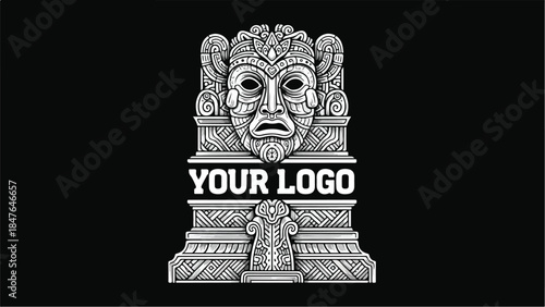 Ancient Aztec or Mayan tribal mask logo design on a black background.