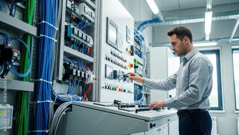 Fototapeta premium Dedicated engineer meticulously tests intricate electrical installations and multi-color wires within a modern relay protection system adjusting automation control schemes