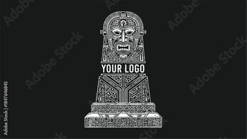 Ancient Stone Totem with Intricate Carvings on Black Background.