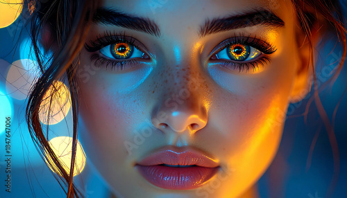 Captivating Gaze: A close-up portrait of a woman with mesmerizing eyes, her face softly illuminated by warm and cool hues, embodying serene beauty.