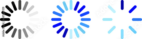 Three circular loading indicators showing different shades of blue and gray