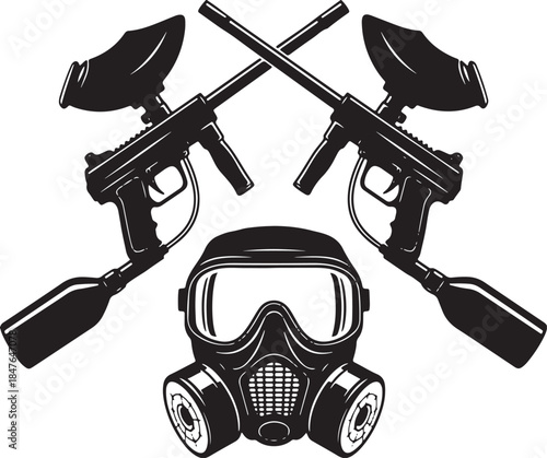 Black silhouette of paintball guns and gas mask vector
