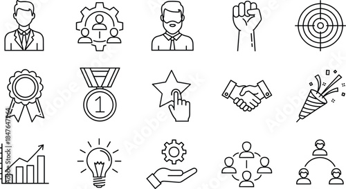 Business Success Line Icons Set, Achievement, Leadership, and Teamwork Vector Collection, Management, Strategy, Innovation, and Growth Outline Symbols