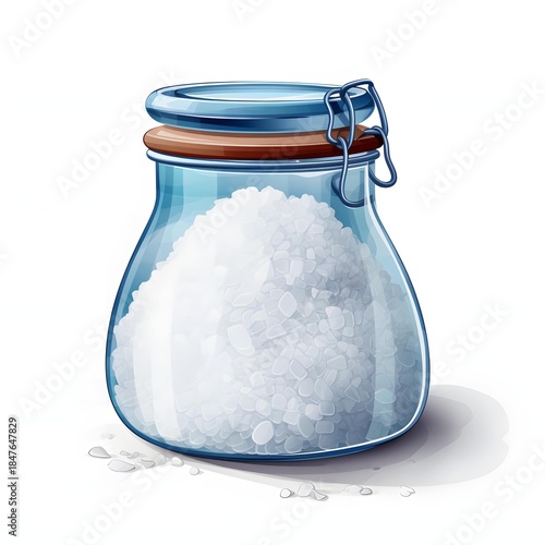 Clear glass jar filled with coarse sea salt on a white background