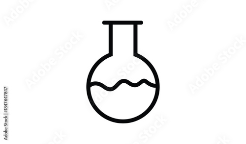 Simple line icon of a round bottom flask filled with wavy liquid, representing science and chemistry experiments