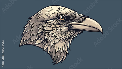 Detailed illustration of a majestic ravens head showcasing its intricate feathers and sharp features against a plain background.