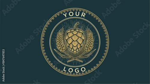Elegant Hop Cone and Wheat Emblem for Craft Beer Branding.