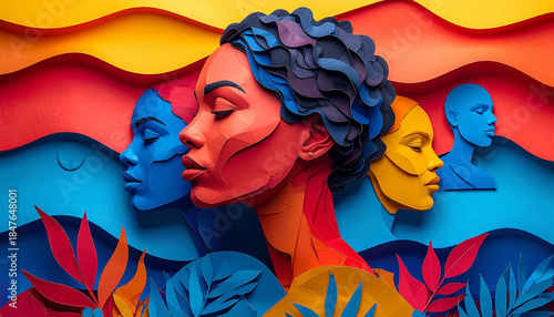 Three Faces of Self-Reflection: A vibrant and emotive artistic piece features three unique face profiles rendered in vivid paper cut-out, bathed in a palette of warm and cool tones.