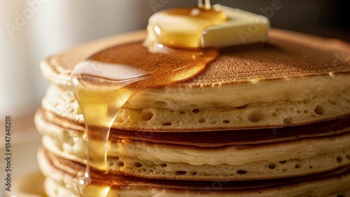 Close up of Fluffy Pancakes Stack with Melting Butter and Syrup