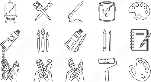 Easel, Paint Brush, Tube, Palette, Roller, Sketchbook, and Artist Workshop Tools Symbols.